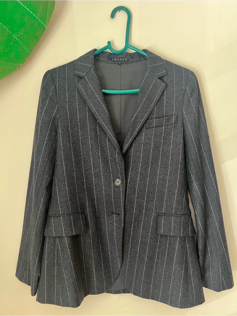 Theory Suit: Gray Pinstripe Single-Button Blazer and matching Trousers